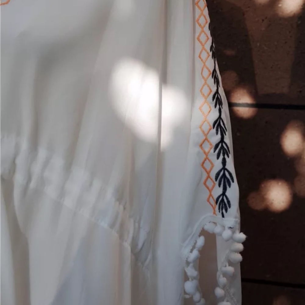 White Chiffon Embroidered Pompom Trim Swim Coverup - Picture 5 of 6